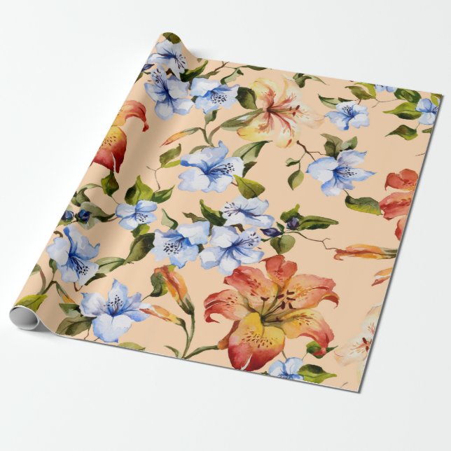 Papel De Regalo Hermosas lirios de tigre y flores azules pequeñas  (Desenrollado)