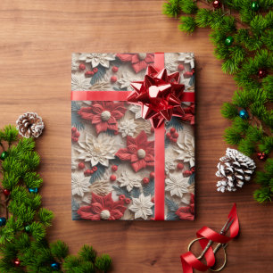 Papel De Regalo Hermosas Poinsettias en 3D, rojas y blancas