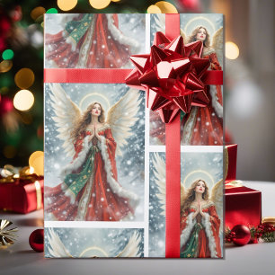 Papel De Regalo Hermoso ángel de Navidad en rojo y verde con nieve