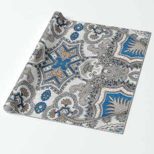 Papel De Regalo Hermoso blanco y azul arabesco, patrón islámico