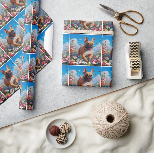 Papel De Regalo Hermoso Bulldog francés Fawn y flores (Artesanía)