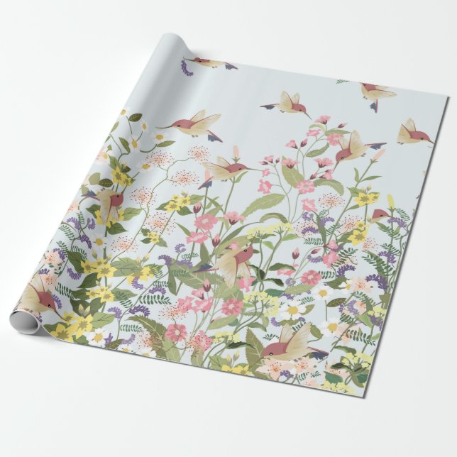 Papel De Regalo Hermoso colibrí en un dulce jardín floral (Desenrollado)