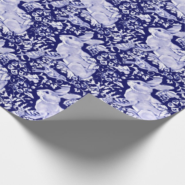 Papel De Regalo Hermoso Conejo Azul y Blanco Oscuro Dedham Delft (Esquina)