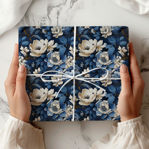 Papel De Regalo Hermoso envoltorio decorativo floral de marfil azu