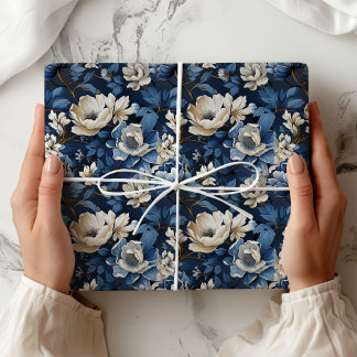 Papel De Regalo Hermoso envoltorio decorativo floral de marfil azu