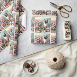 Papel De Regalo Hermoso gato y flores siamesas