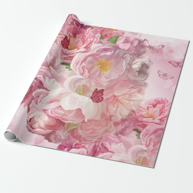 Papel De Regalo Hermoso jardín de flores rosadas (Desenrollado)