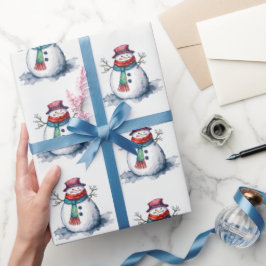 Papel De Regalo Hermoso Muñeco de Nieve Blanco Rojo Navidad Invier