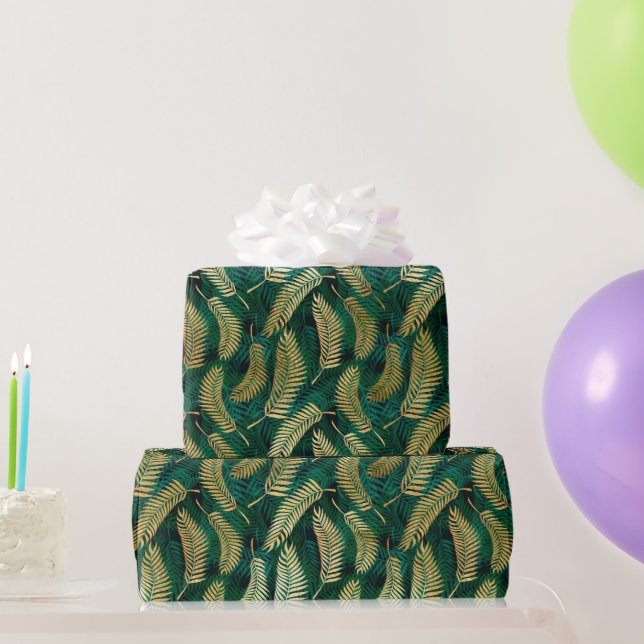 Papel De Regalo Hermoso oro y hojas tropicales verdes (Regalos de fiesta)