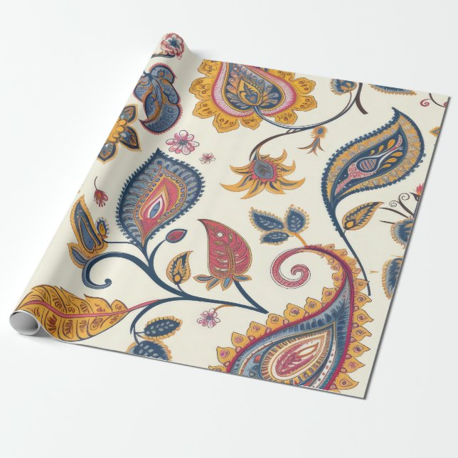 Papel De Regalo Hermoso patrón azul amarillo floral Paisley (Desenrollado)