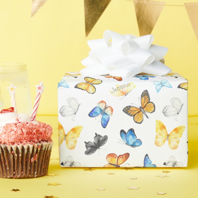 Papel De Regalo Hermoso patrón de mariposa con nombre Cumpleaños (Fiesta de cumpleaños )