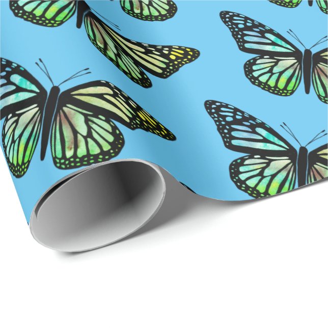 Papel De Regalo Hermoso Patrón de mariposas acuarela Azul Oro (Esquina del rollo)