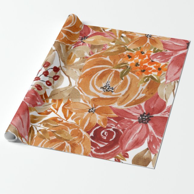Papel De Regalo Hermoso Patrón Floral Con Otoño Brillante (Desenrollado)