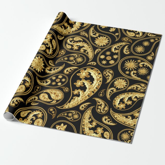 Papel De Regalo Hermoso patrón negro y paisley de oro (Desenrollado)