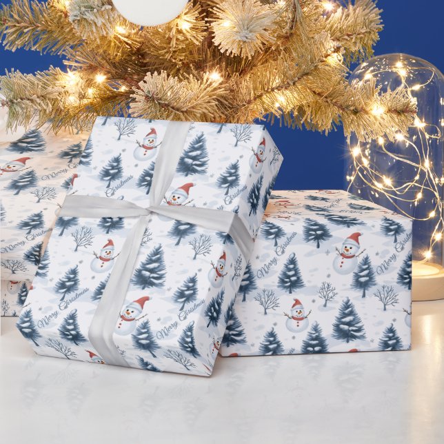 Papel De Regalo Hermoso Snowman Y Árboles Snowy Feliz Navidad (Vacaciones)