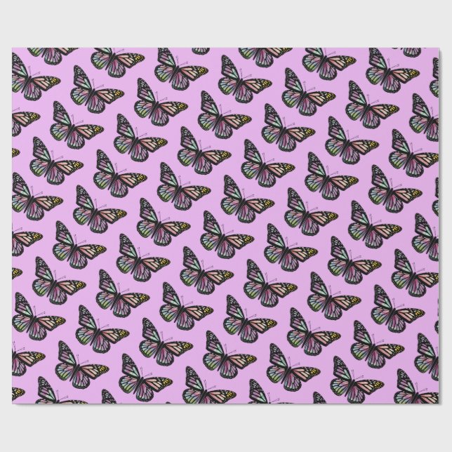 Papel De Regalo Hermoso Watercolor Butterflies Patrón Púrpura (Superficie plana)