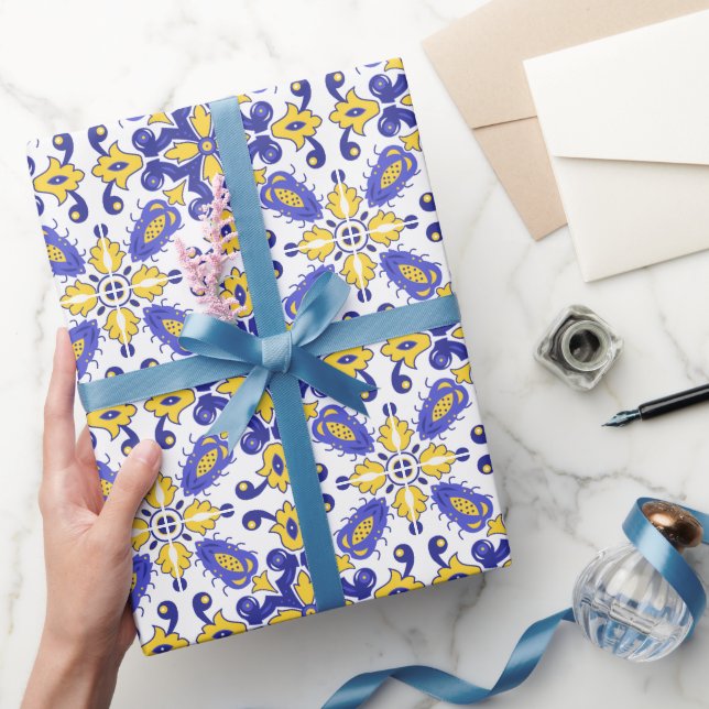 Papel De Regalo 💙 💛 Hermosos Azulejos azules y amarillos (Regalar)