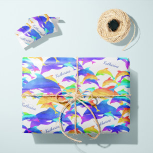 Papel De Regalo Hermosos delfines en arcoiris con nombre