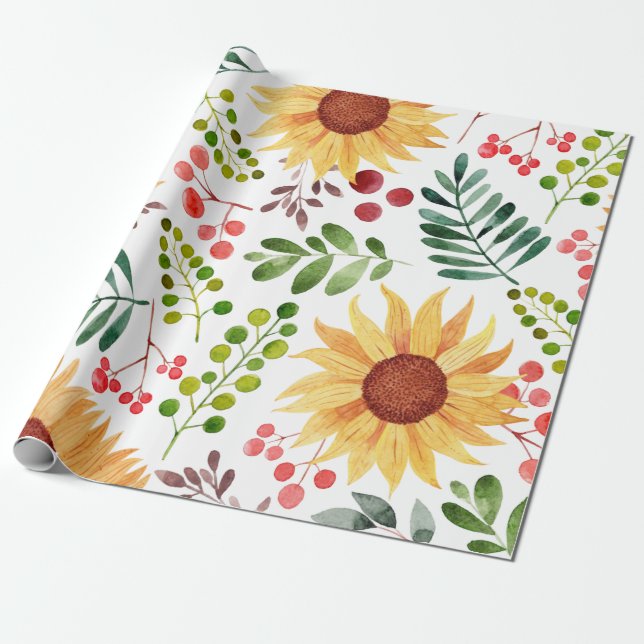 Papel De Regalo Hermosos girasoles y berries acuarela  (Desenrollado)