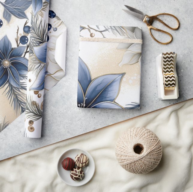 Papel De Regalo Hermosos Navidades azules, bayas, flores (Artesanía)