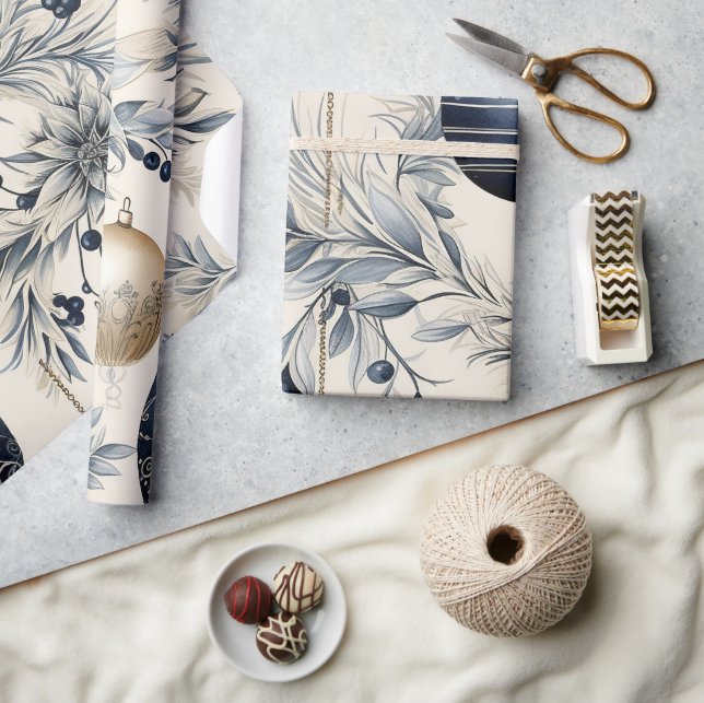 Papel De Regalo Hermosos Navidades azules Floral Baubles (Artesanía)