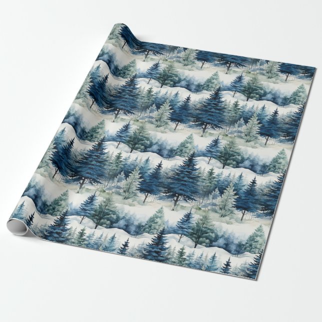 Papel De Regalo Hermosos Navidades del bosque de pinos de nieve (Desenrollado)