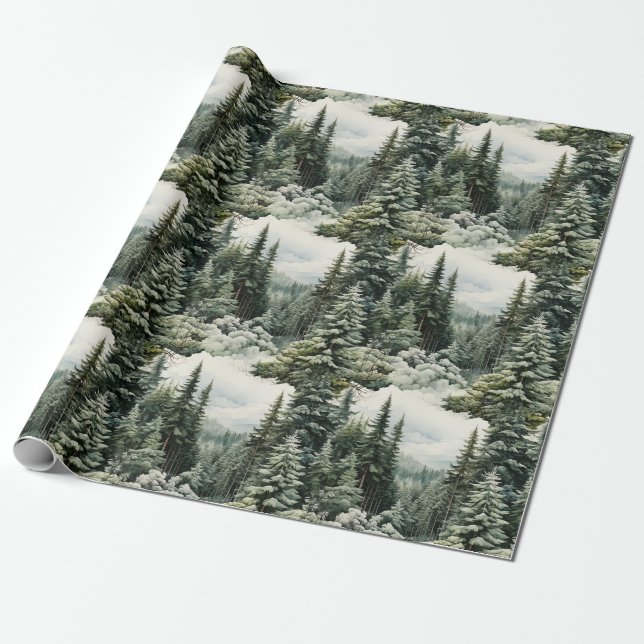 Papel De Regalo Hermosos Navidades del bosque de pinos de nieve (Desenrollado)
