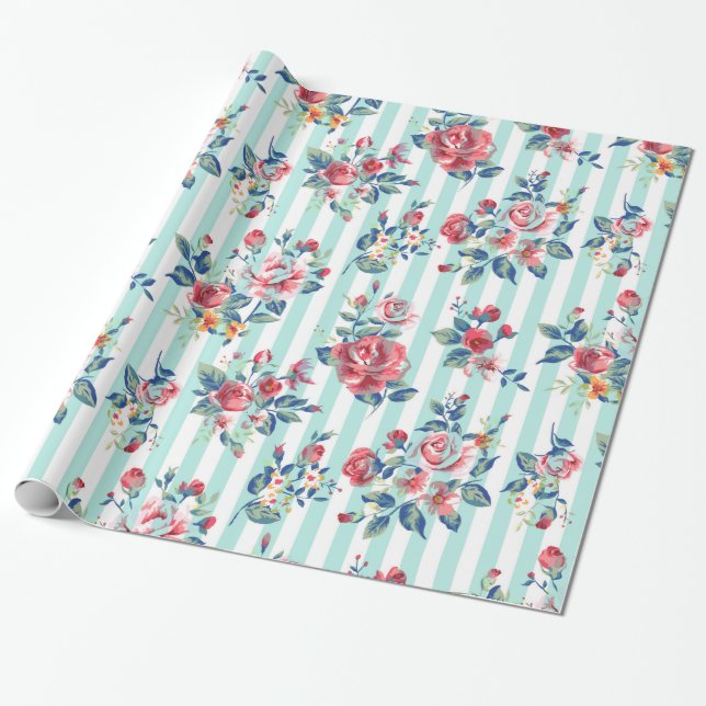 Papel De Regalo Hermosos rosas de rayas azules de moda (Desenrollado)
