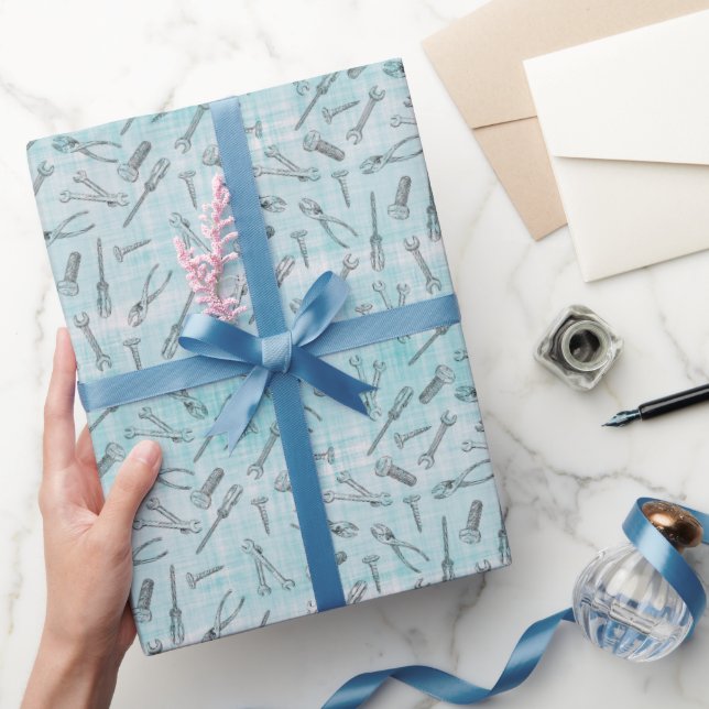 Papel De Regalo Herramientas esbozadas en línea azul y blanca (Regalar)