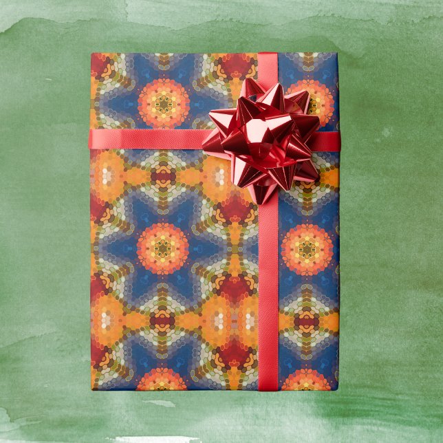 Papel De Regalo Hex Mandala Naranja azul y rojo (Blue Orange and Red Hexagon Mandala Wrapping Paper by Wormhole Orbital)