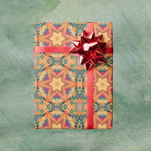 Papel De Regalo Hex Mandala Naranja azul y rosa (Orange Blue and Pink Hexagon Mandala Wrapping Paper by Wormhole Orbital)