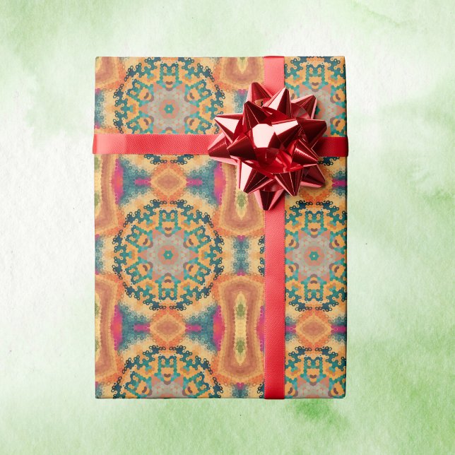 Papel De Regalo Hex Mandala Naranja y azul (Orange and Blue Hexagon Mandala Wrapping Paper by Wormhole Orbital)