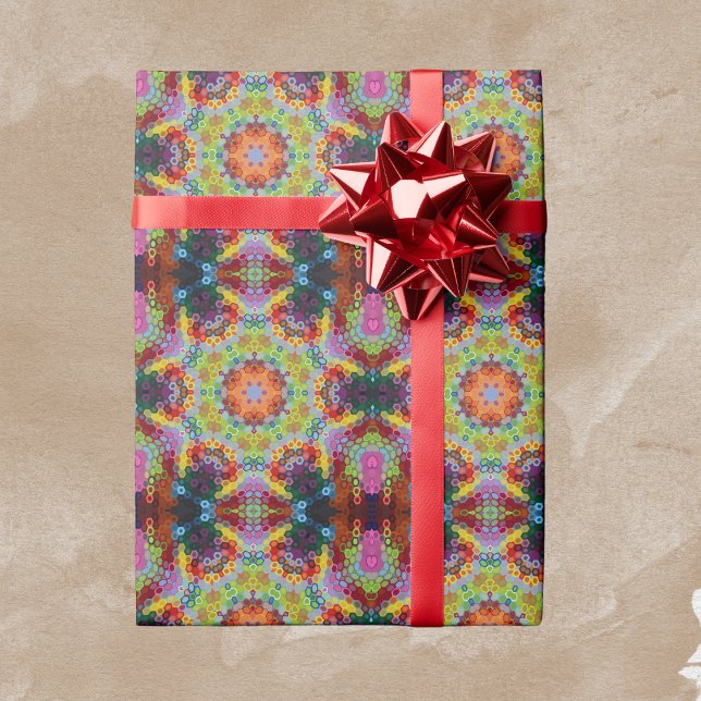 Papel De Regalo Hex Mandala Rosa verde y Naranja (Green Pink and Orange Hexagon Mandala Wrapping Paper by Wormhole Orbital)