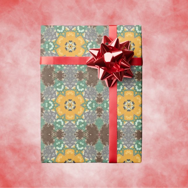 Papel De Regalo Hex Mandala Verde azulado amarillo y marrón (Yellow Teal and Brown Hexagon Mandala Wrapping Paper by Wormhole Orbital.)