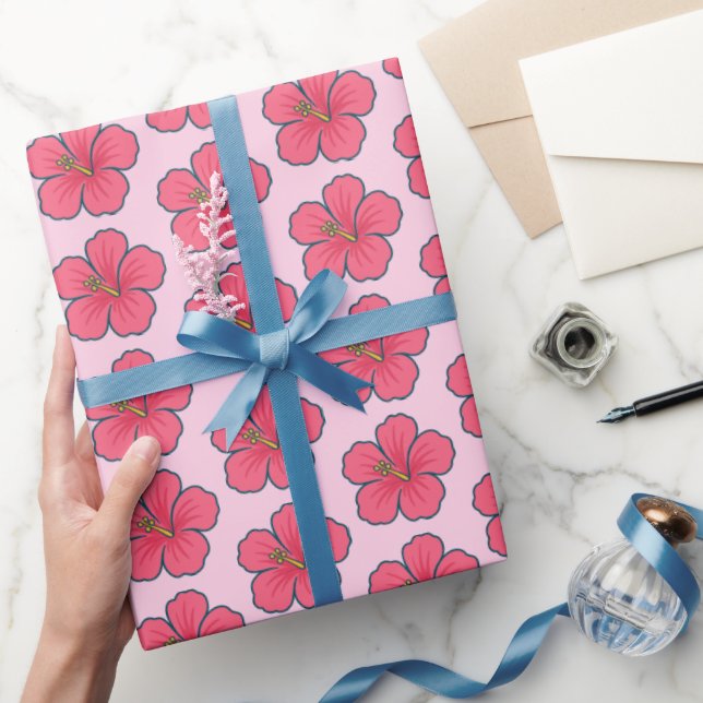 Papel De Regalo Hibisco Rosa Bonito Vibraciones Tropicales  (Regalar)