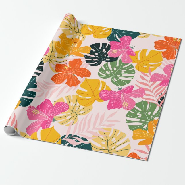 Papel De Regalo Hibiscus and monstera hojas patrón tropical desi (Desenrollado)