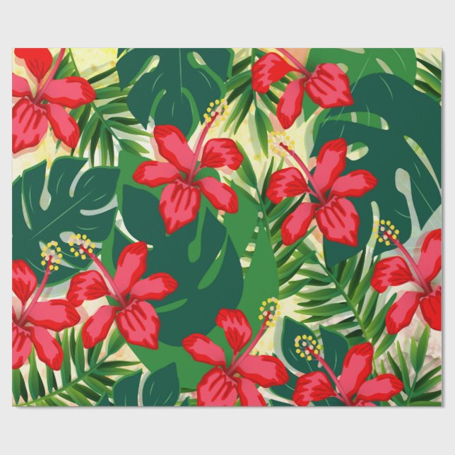 Papel De Regalo Hibiscus Red Flowers Tropical Green (Superficie plana)