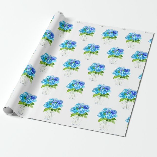 Papel De Regalo Hidrangea floral Flores azules acuarela Rústica (Desenrollado)