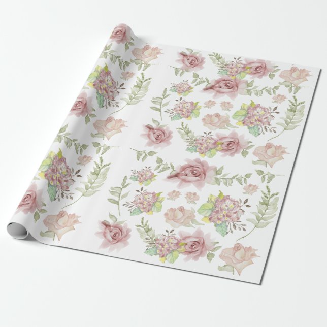Papel De Regalo Hidrangea rosa acuarela floral Rosas Rubor Sage (Desenrollado)