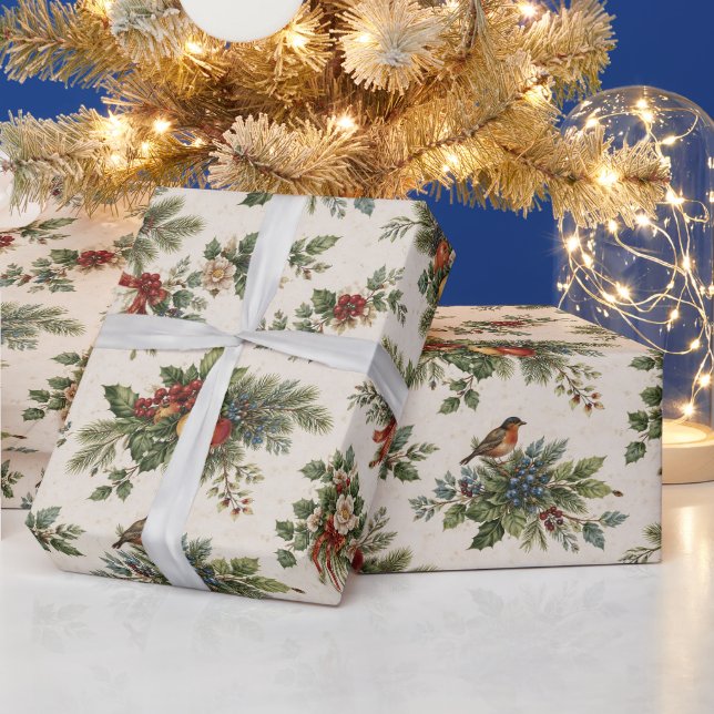 Papel De Regalo Hiedra de Navidad tradicional y frutas de invierno (Vacaciones)