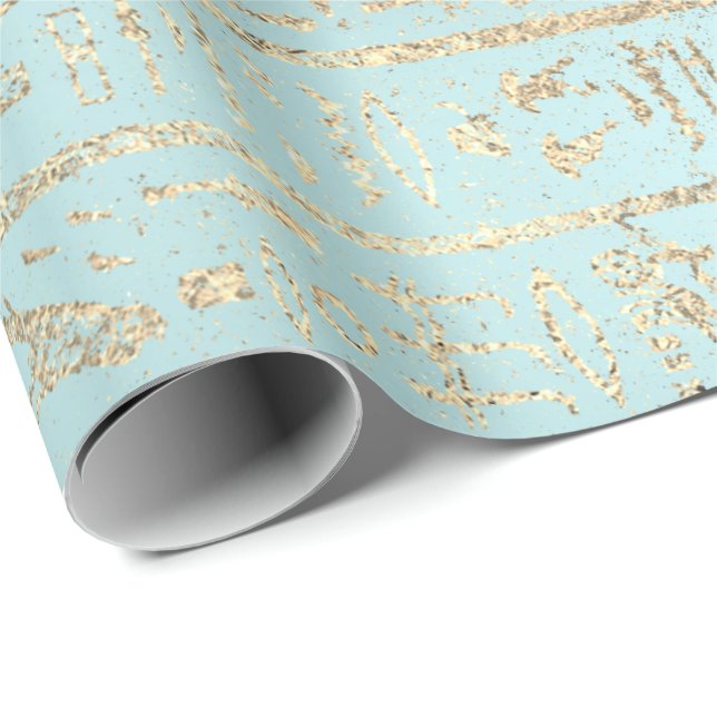 Papel De Regalo Hieroglíficos egipcios Aqua Pastel Azul Oro (Esquina del rollo)