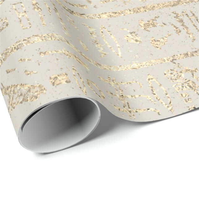 Papel De Regalo Hieroglíficos egipcios Pastel de oro Creamy Gris (Esquina del rollo)