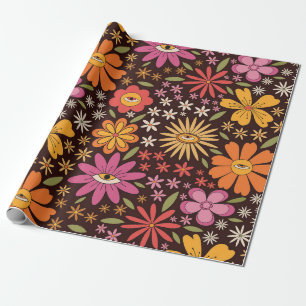 Papel De Regalo Hippie Psicodélico Años 70 Patrón de Flores y Ojos