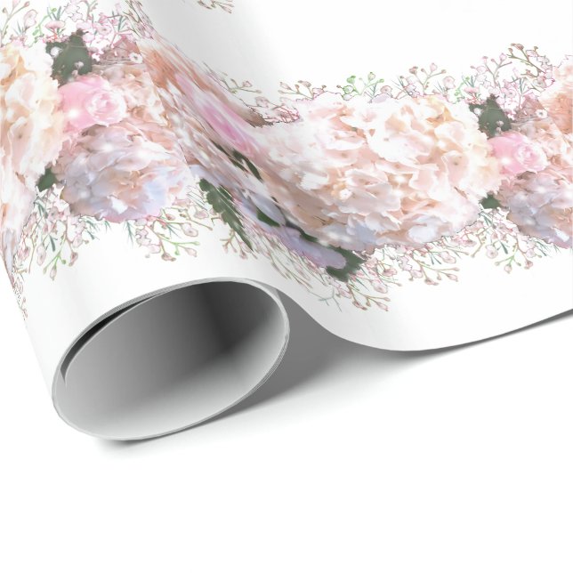Papel De Regalo Hirgueras rosadas romanas, flores blancas rosadas (Esquina del rollo)