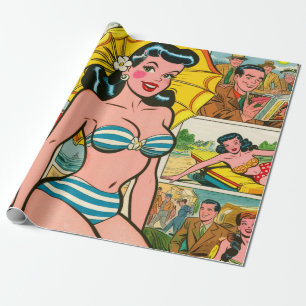 Papel De Regalo Historietas de verano del Chica Retro Bikini