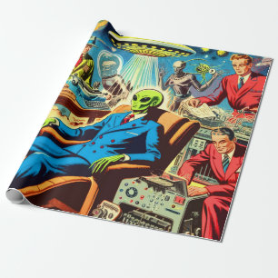 Papel De Regalo Historietas Retro De Ufo Alien Sci-fi