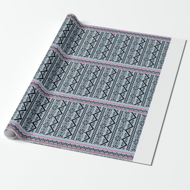 Papel De Regalo Hmong floral en azul (Desenrollado)