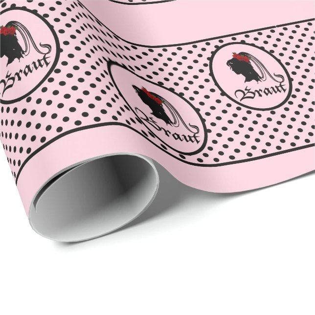 Papel De Regalo Hochzeit Braut Text Frau Kopf rosa Punkte (Esquina del rollo)