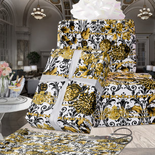 Papel De Regalo Hoja de Acanthus de Oro Negro Caña Oro Floral Blan