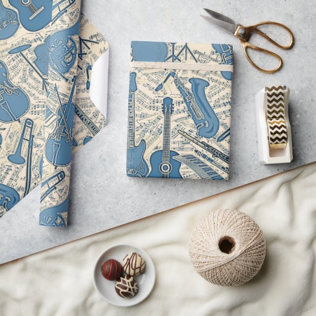 Papel De Regalo Hoja de música e instrumentos Blue/Ivory ID481 (Artesanía)